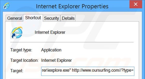 Removing oursurfing.com from Internet Explorer shortcut target step 2