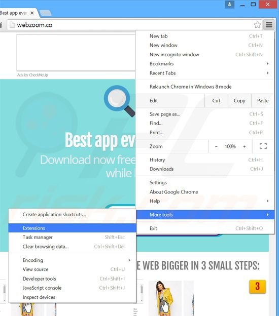 Removing WebZoom  ads from Google Chrome step 1