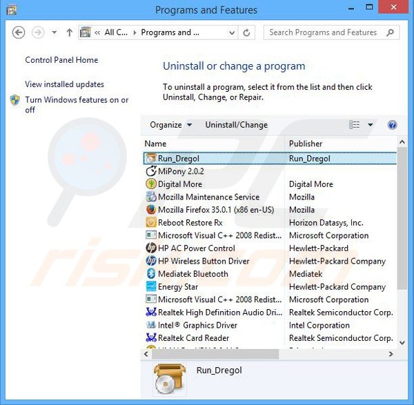dregol browser hijacker uninstall via Control Panel