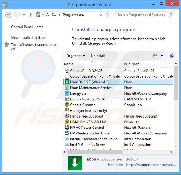 ebon browser adware uninstall via Control Panel