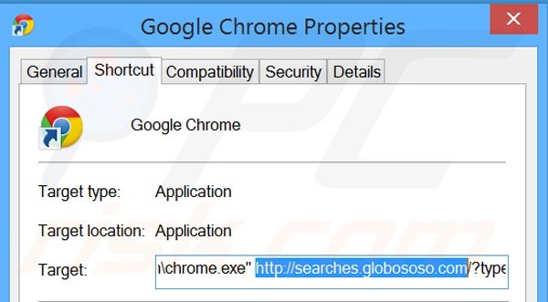 Removing searches.globososo.com from Google Chrome shortcut target step 2