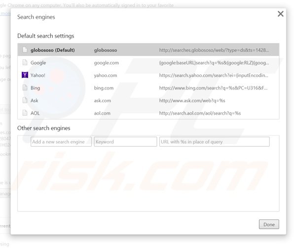 Removing searches.globososo.com from Google Chrome default search engine