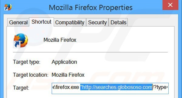 Removing searches.globososo.com from Mozilla Firefox shortcut target step 2