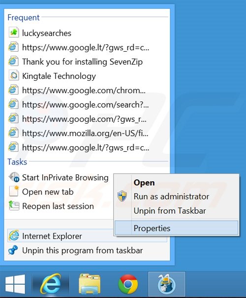 Removing searches.globososo.com from Internet Explorer shortcut target step 1
