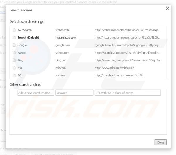 Removing i-search.us.com from Google Chrome default search engine