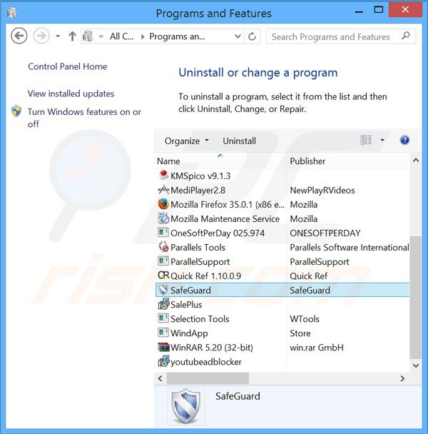 SafeGuard adware uninstall via Control Panel