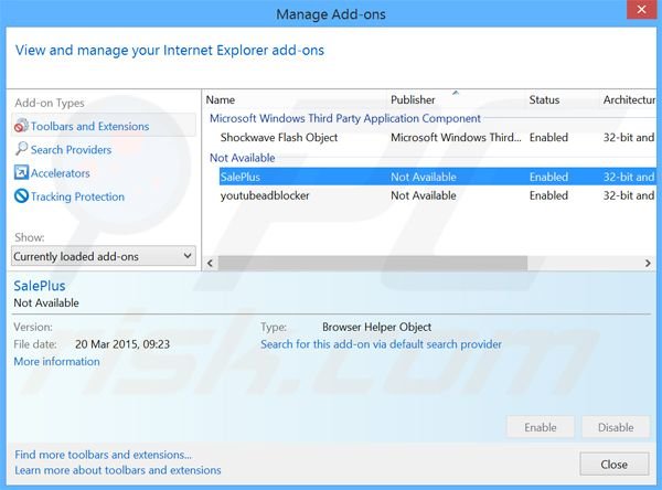 Removing SalePlus ads from Internet Explorer step 2