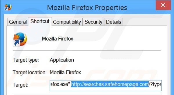 Removing searches.safehomepage.com from Mozilla Firefox shortcut target step 2