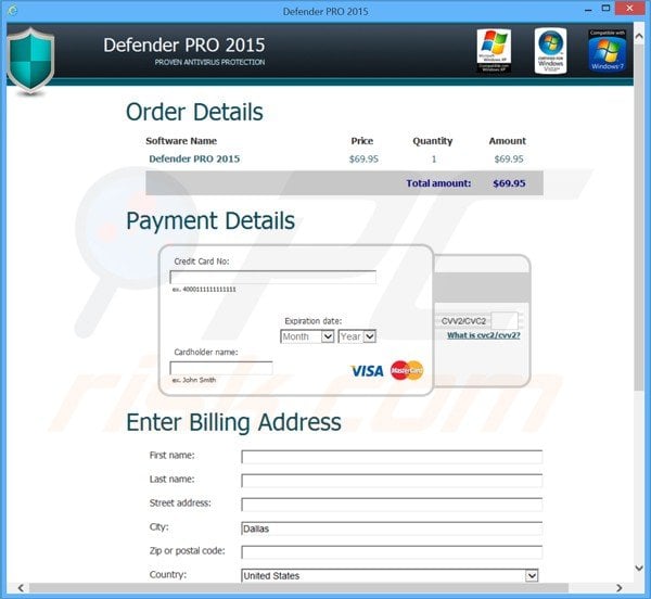 Defender pro 2015 scam payment page