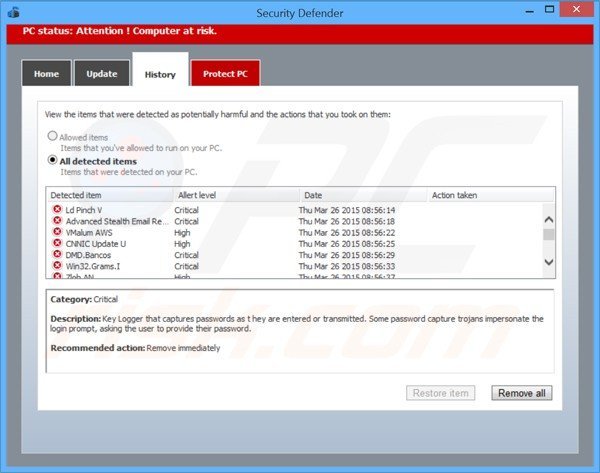 Security Defender showing fake security scan results