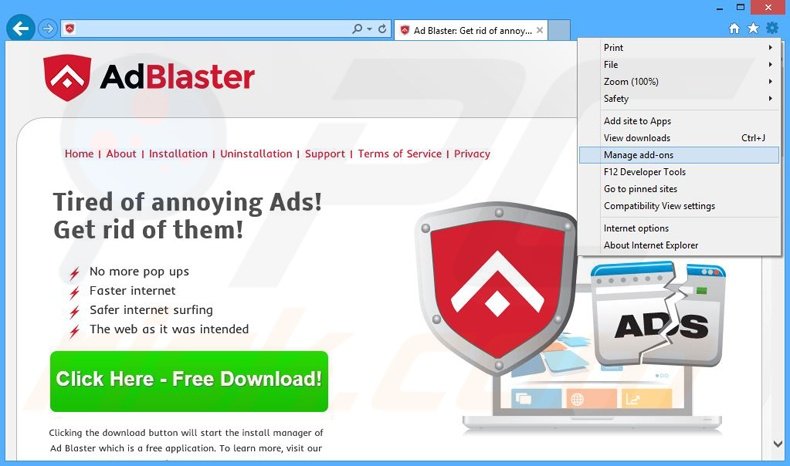 Removing Ad Blaster ads from Internet Explorer step 1