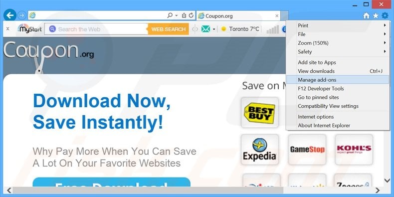 Removing Coupoon ads from Internet Explorer step 1