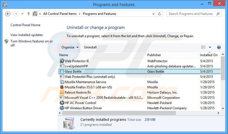 glass bottle adware uninstall via Control Panel