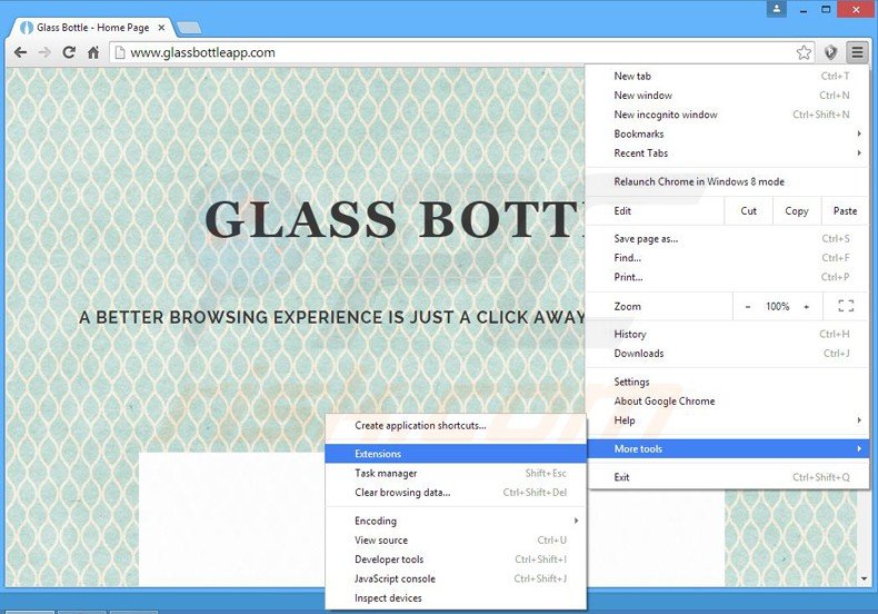 Removing glass bottle ads from Google Chrome step 1