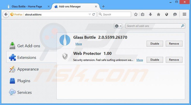 Removing glass bottle ads from Mozilla Firefox step 2