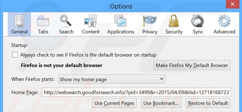 Removing websearch.goodforsearch.info from Mozilla Firefox homepage
