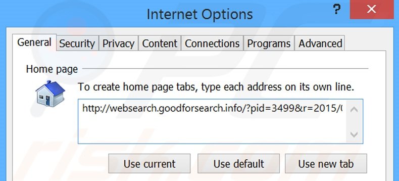 Removing websearch.goodforsearch.info from Internet Explorer homepage