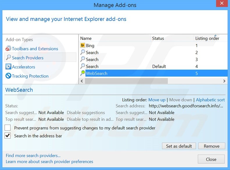 Removing websearch.goodforsearch.info from Internet Explorer default search engine