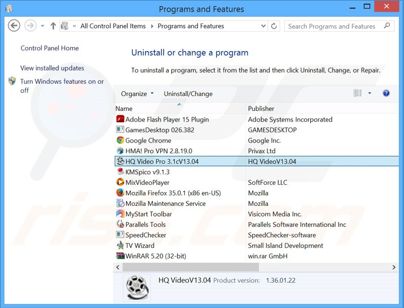 HQ Video Pro adware uninstall via Control Panel