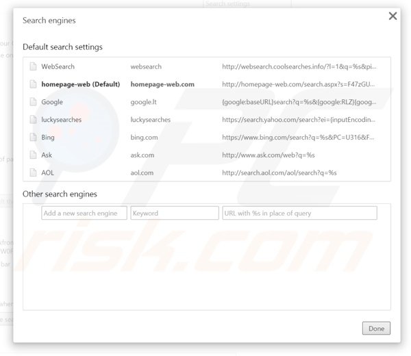 Removing homepage-web.com from Google Chrome default search engine