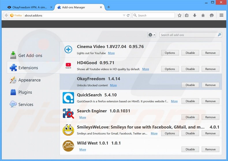 Removing OkayFreedom ads from Mozilla Firefox step 2