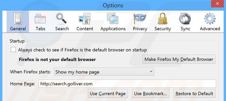Removing search.golliver.com from Mozilla Firefox homepage
