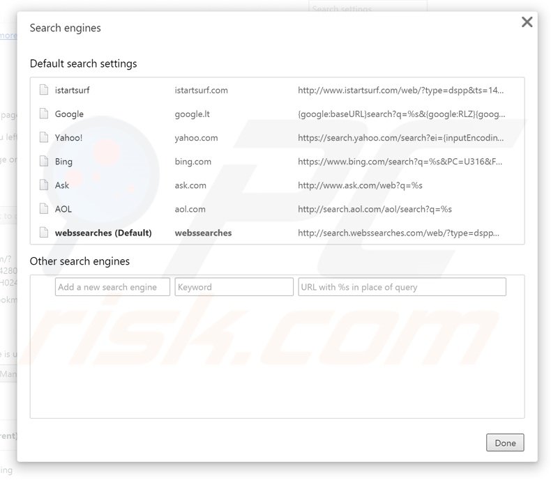 Removing search.webssearches.com from Google Chrome default search engine