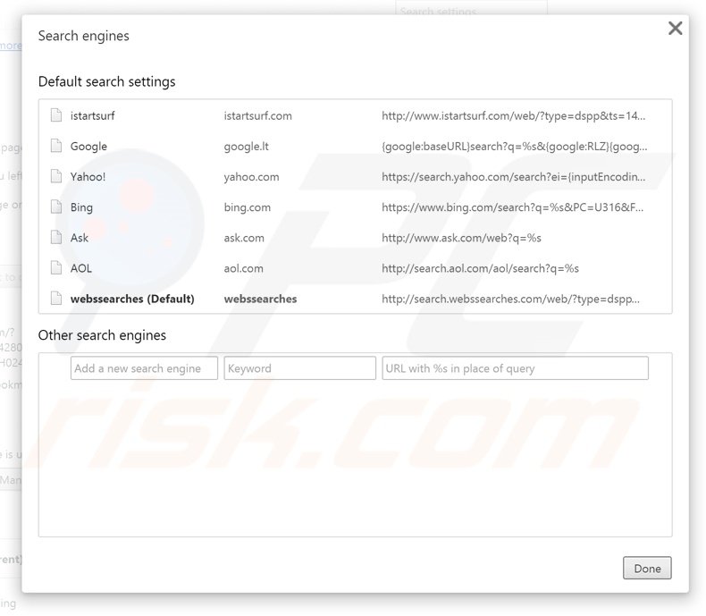 Removing search.webssearches.com from Google Chrome default search engine