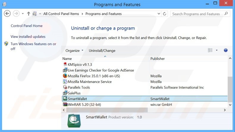 SmartWallet adware uninstall via Control Panel