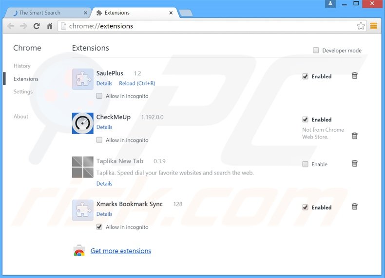 Removing thesmartsearch.net related Google Chrome extensions