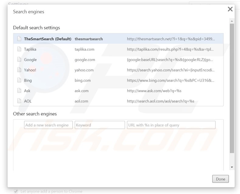 Removing thesmartsearch.net from Google Chrome default search engine