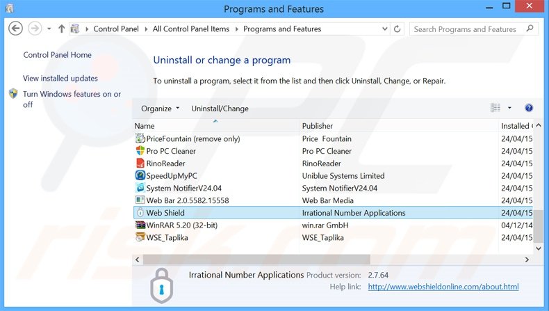 Web Shield adware uninstall via Control Panel