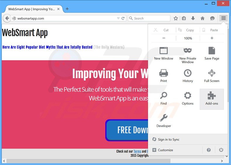 Removing websmart app from Mozilla Firefox step 1