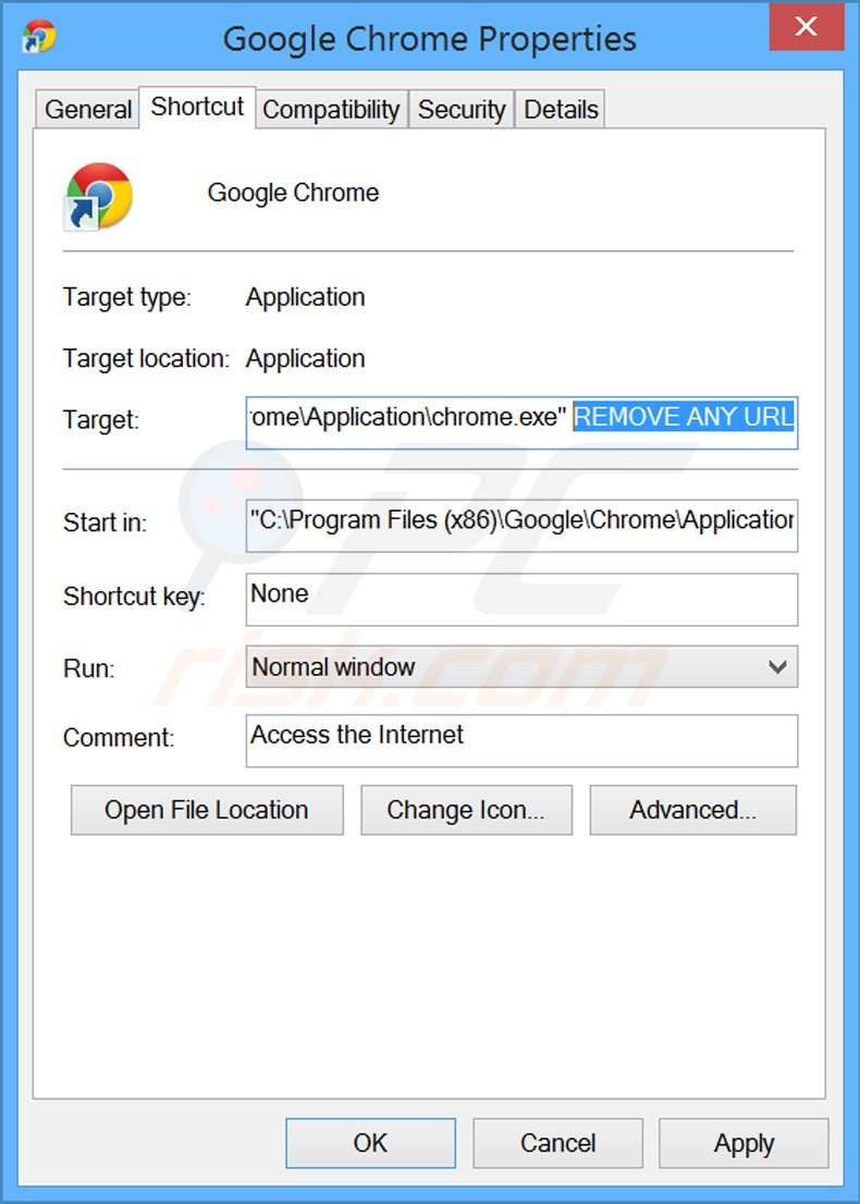 Removing unwanted URL from Google Chrome shortcut target step 2