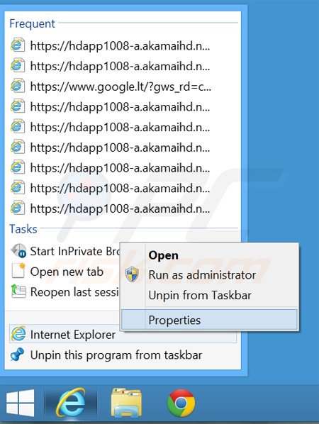 Removing unwanted url from Internet Explorer shortcut target step 1