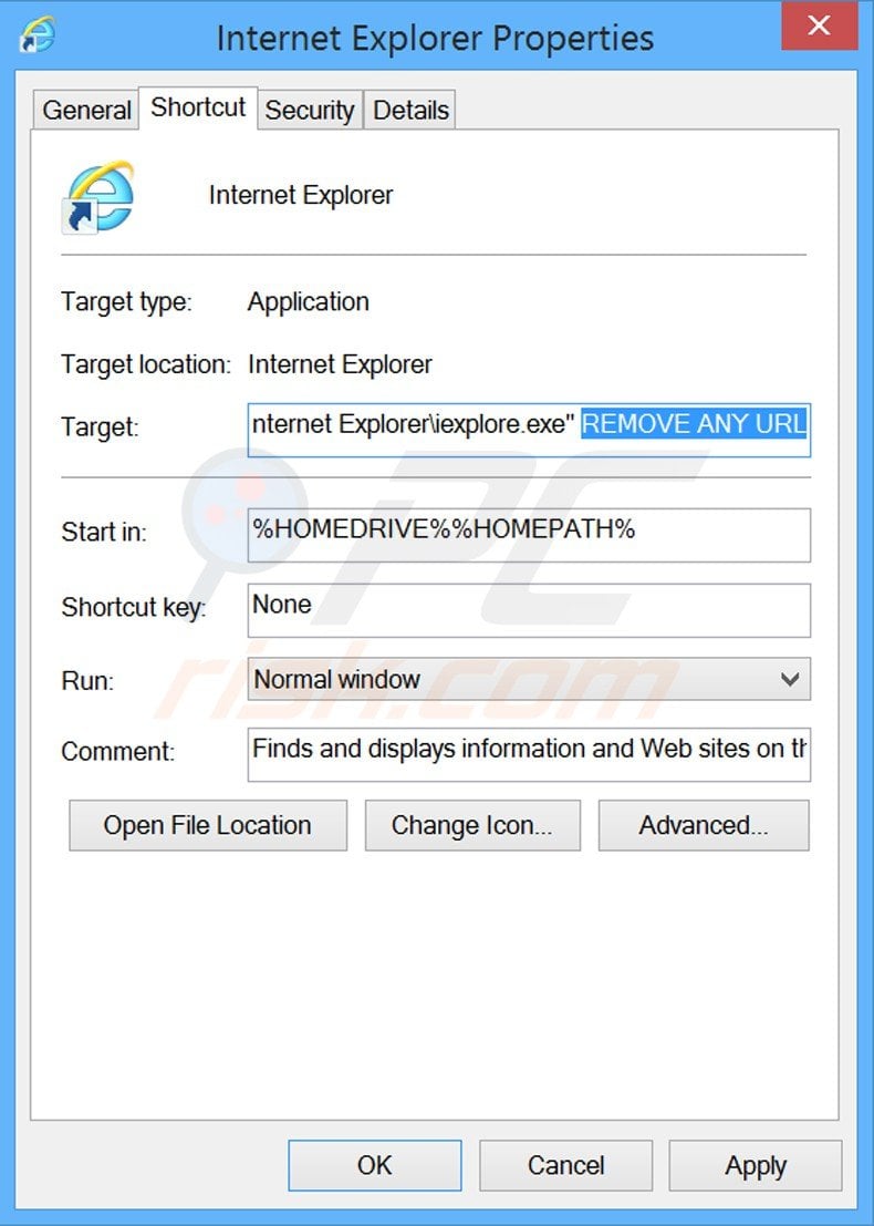 Removing unwanted url from Internet Explorer shortcut target step 2