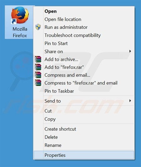 Removing unwanted URL from Mozilla Firefox shortcut target step 1