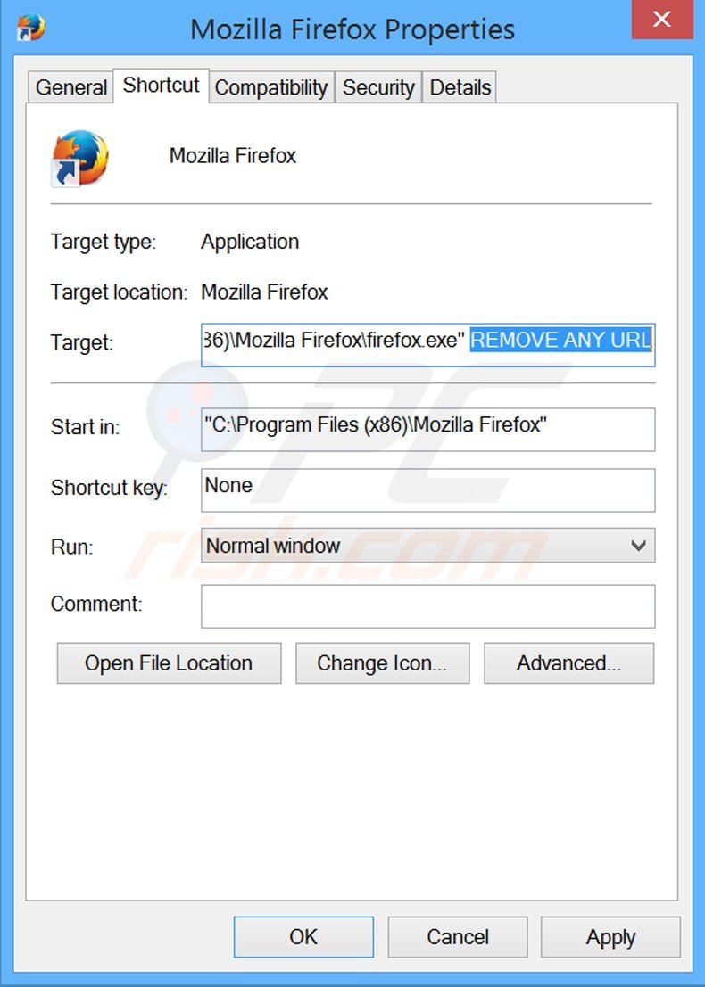Removing xtab related URL from Mozilla Firefox shortcut target step 2