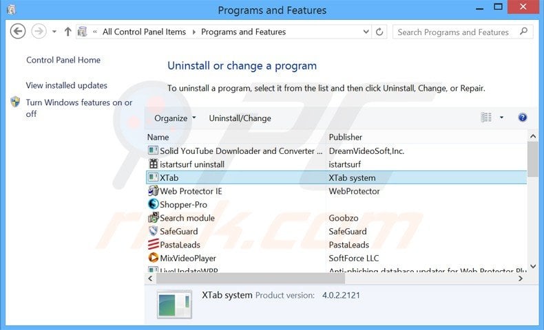 xtab browser hijacker uninstall via Control Panel