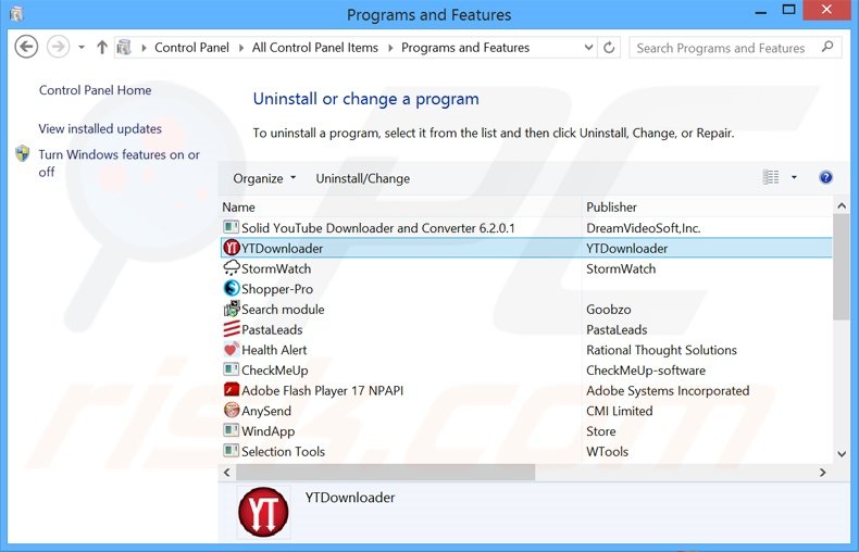 YTDownloader adware uninstall via Control Panel