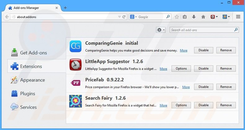 Removing ComparingGenie ads from Mozilla Firefox step 2