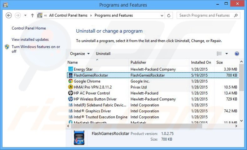 FlashGamesRockstar adware uninstall via Control Panel