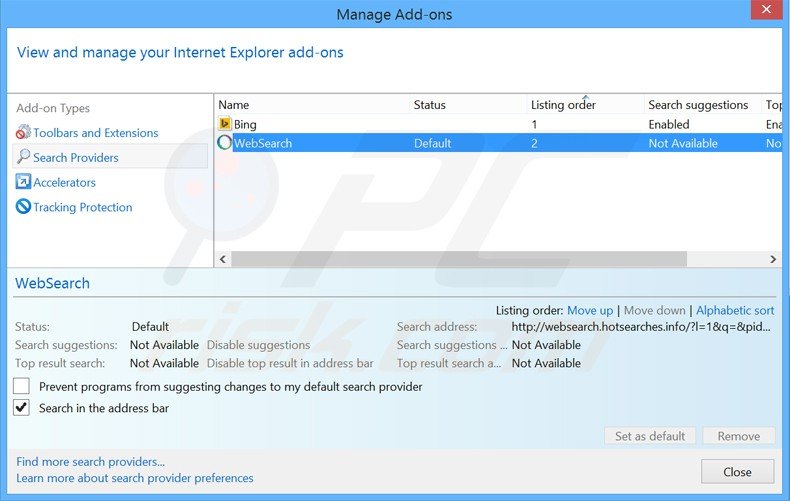 Removing websearch.hotsearches.info from Internet Explorer default search engine