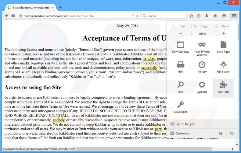 Removing Kikblaster ads from Mozilla Firefox step 1