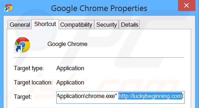 Removing luckybeginning.com from Google Chrome shortcut target step 2