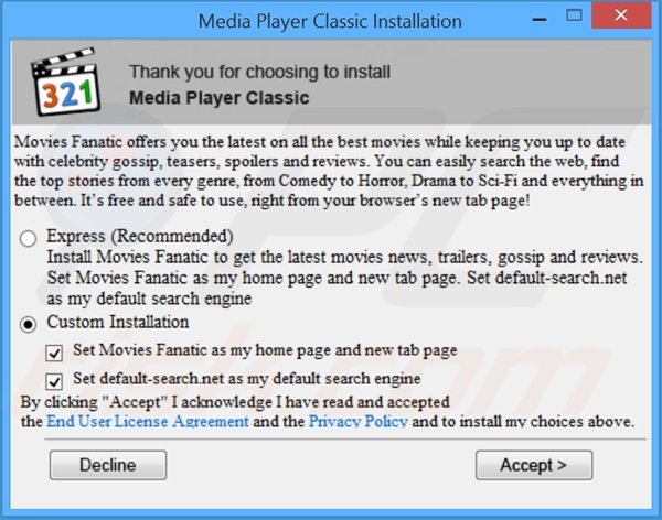 Installer distributing moviesfanatic.com browser hijacker