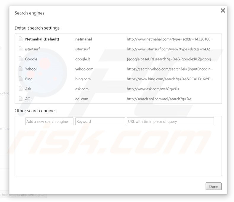 Removing netmahal.com from Google Chrome default search engine