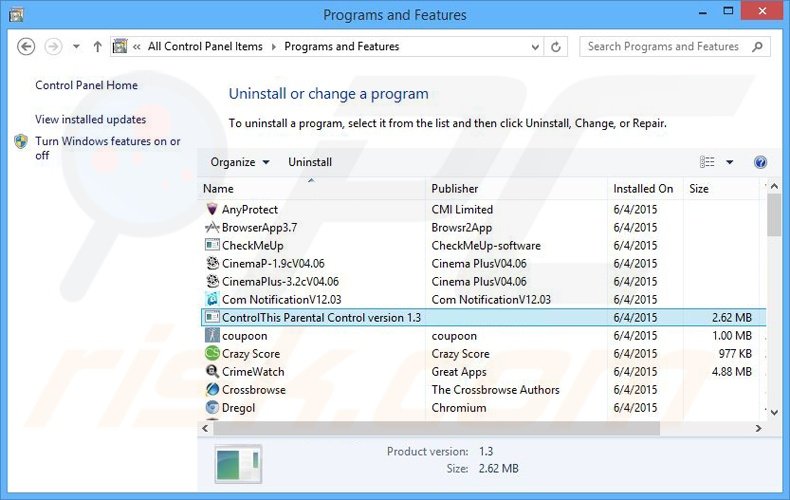 ControlThis adware uninstall via Control Panel