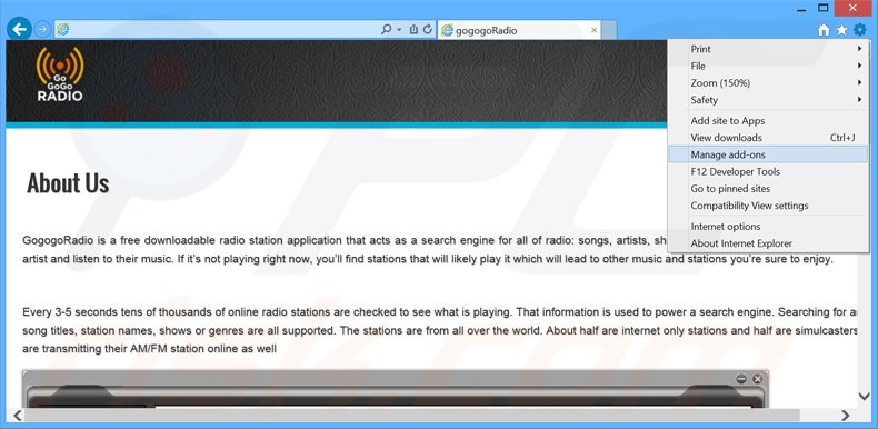 Removing GoGoGoRadio ads from Internet Explorer step 1