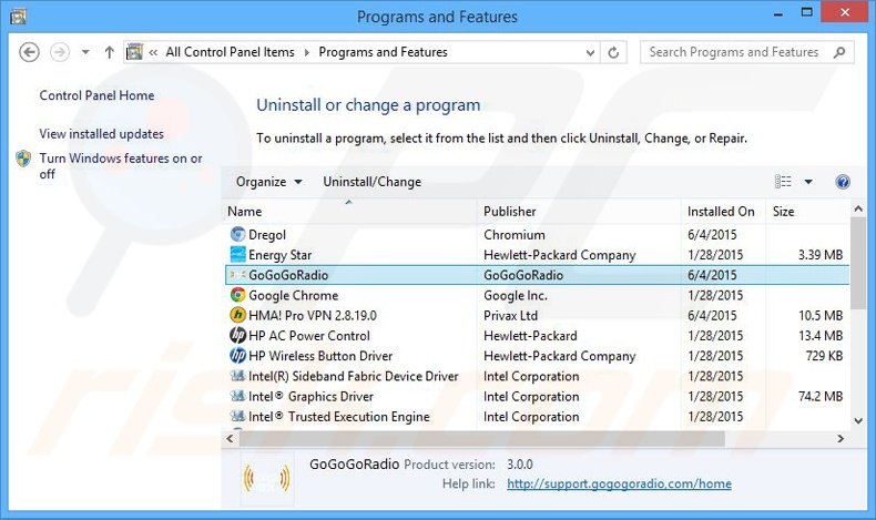 GoGoGoRadio adware uninstall via Control Panel